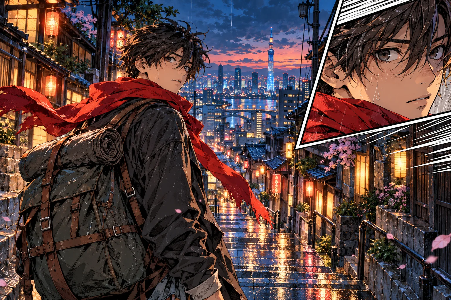 Original manga-inspired traveler scene with expressive ink details on a rain-lit city street