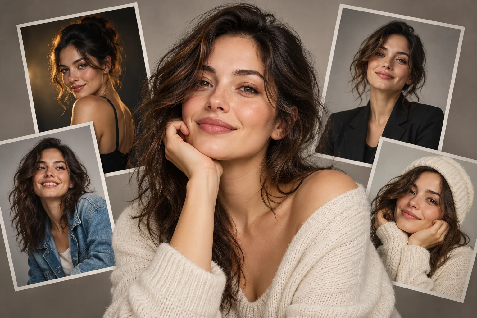 Fictional creator portrait shown with several wardrobe and lighting variations