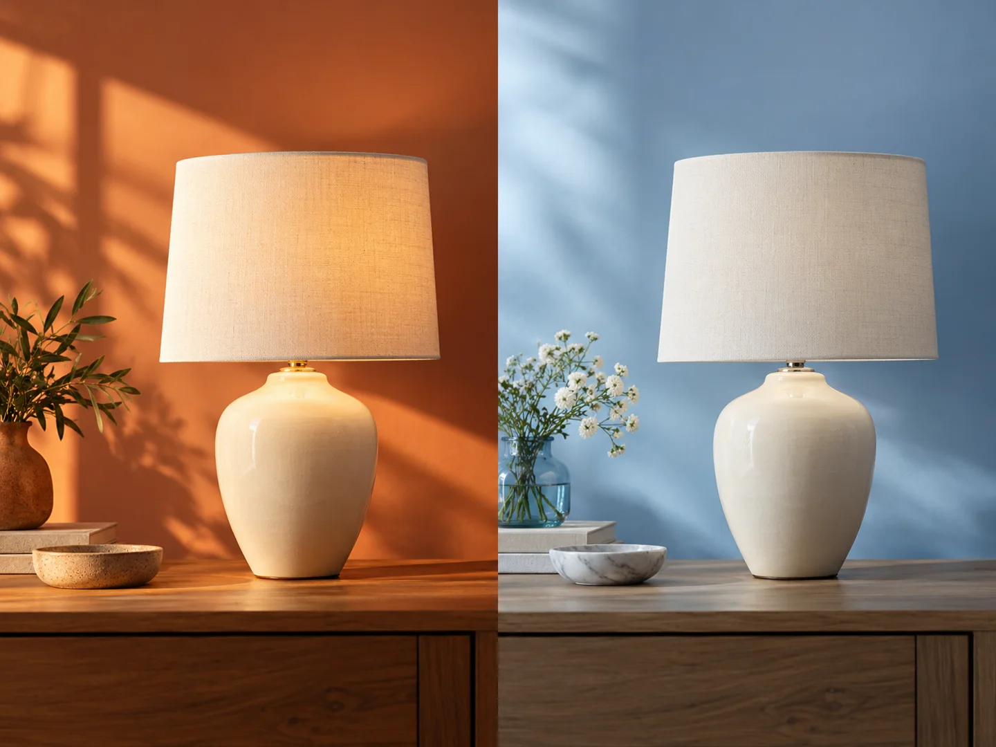 The same ceramic lamp with warm terracotta and cool blue lighting