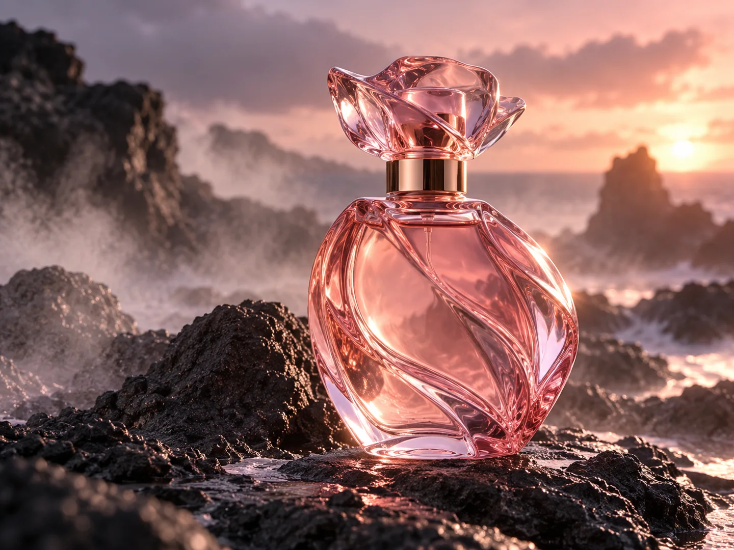 Pink perfume bottle on dark volcanic stone, an original product concept