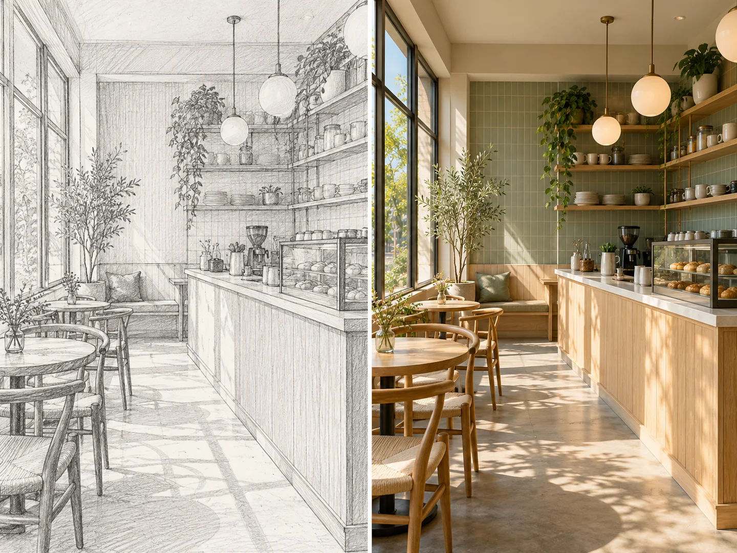 A cafe sketch alongside a rendered interior with the same layout