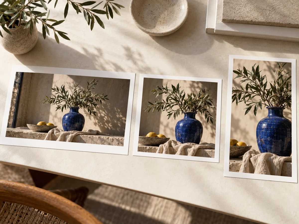 A ceramic vase scene composed in three output formats