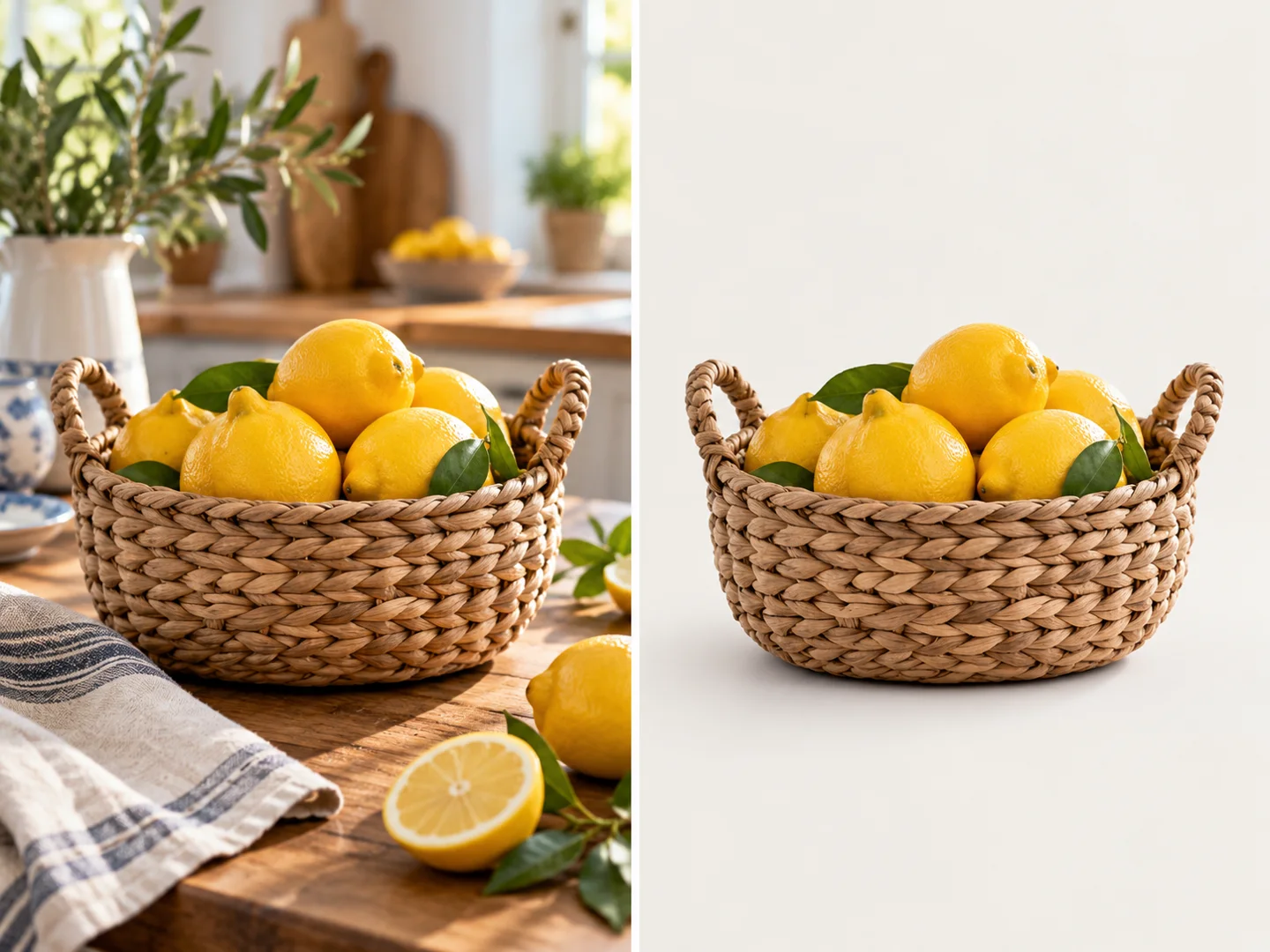 A wicker basket of lemons in a kitchen and isolated against a neutral background