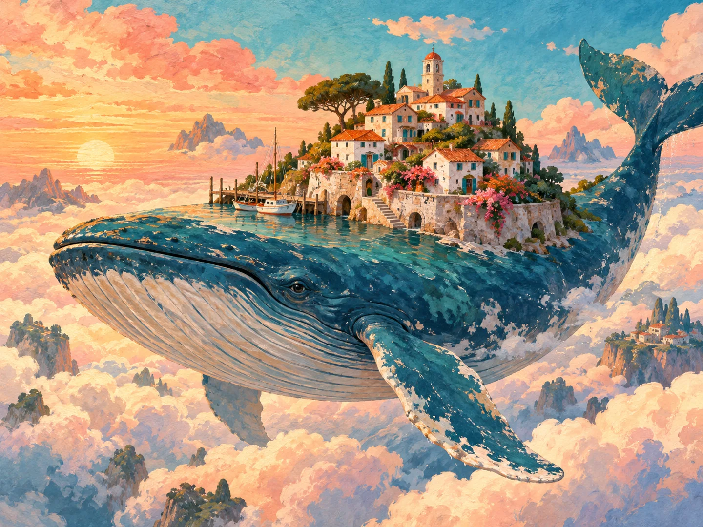 An illustrated coastal village on a whale floating above clouds
