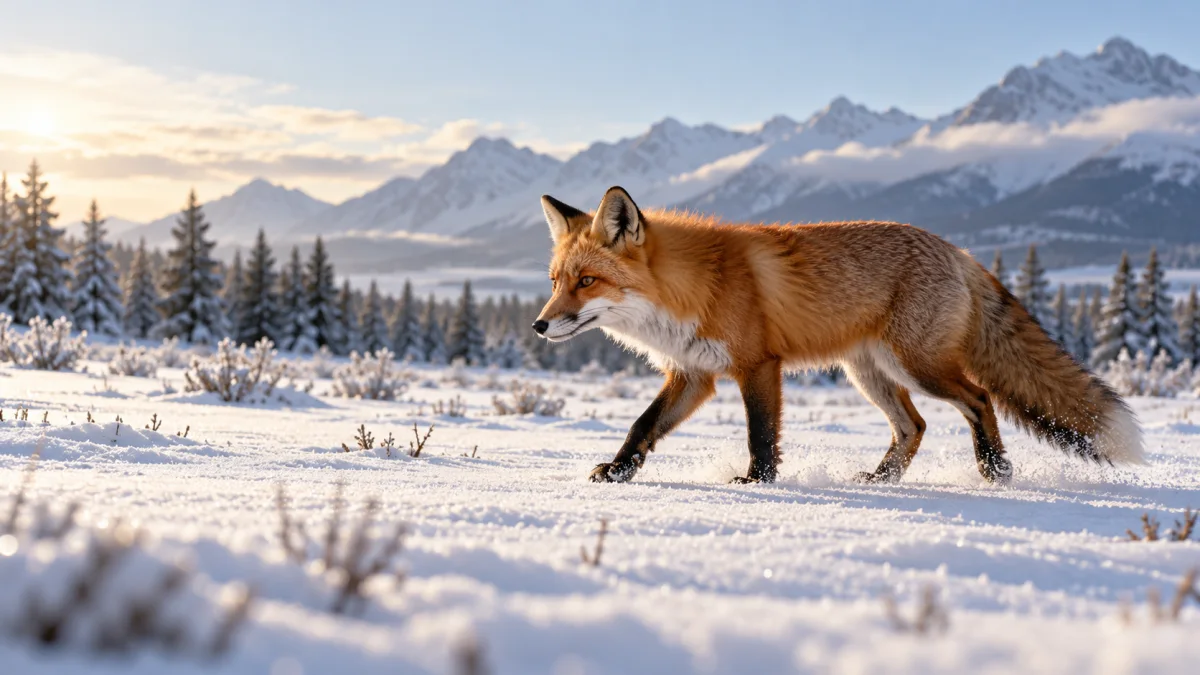Red fox walking left through a snowy field in pale morning light, an illustrative text-to-video shot concept