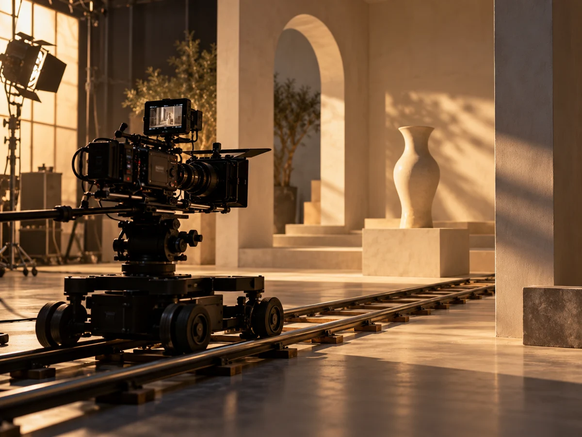A camera dolly set up for a controlled cinematic tracking shot
