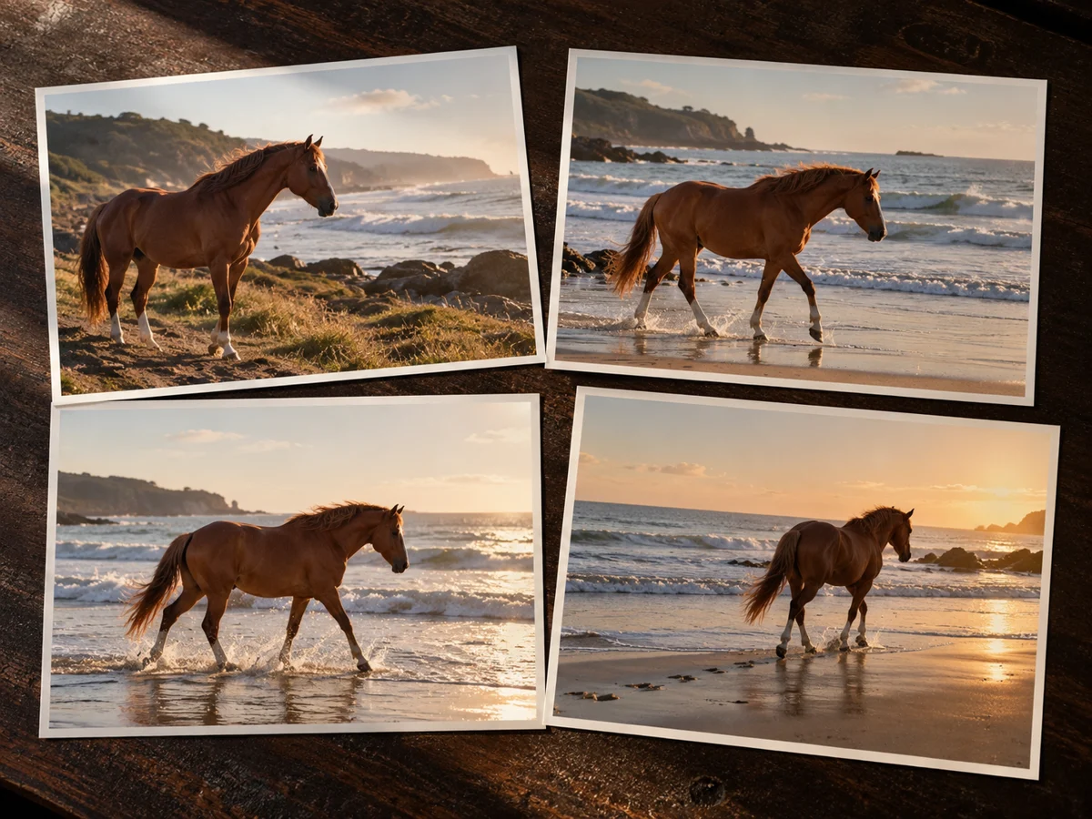 Consecutive storyboard frames of a horse moving along a coastline