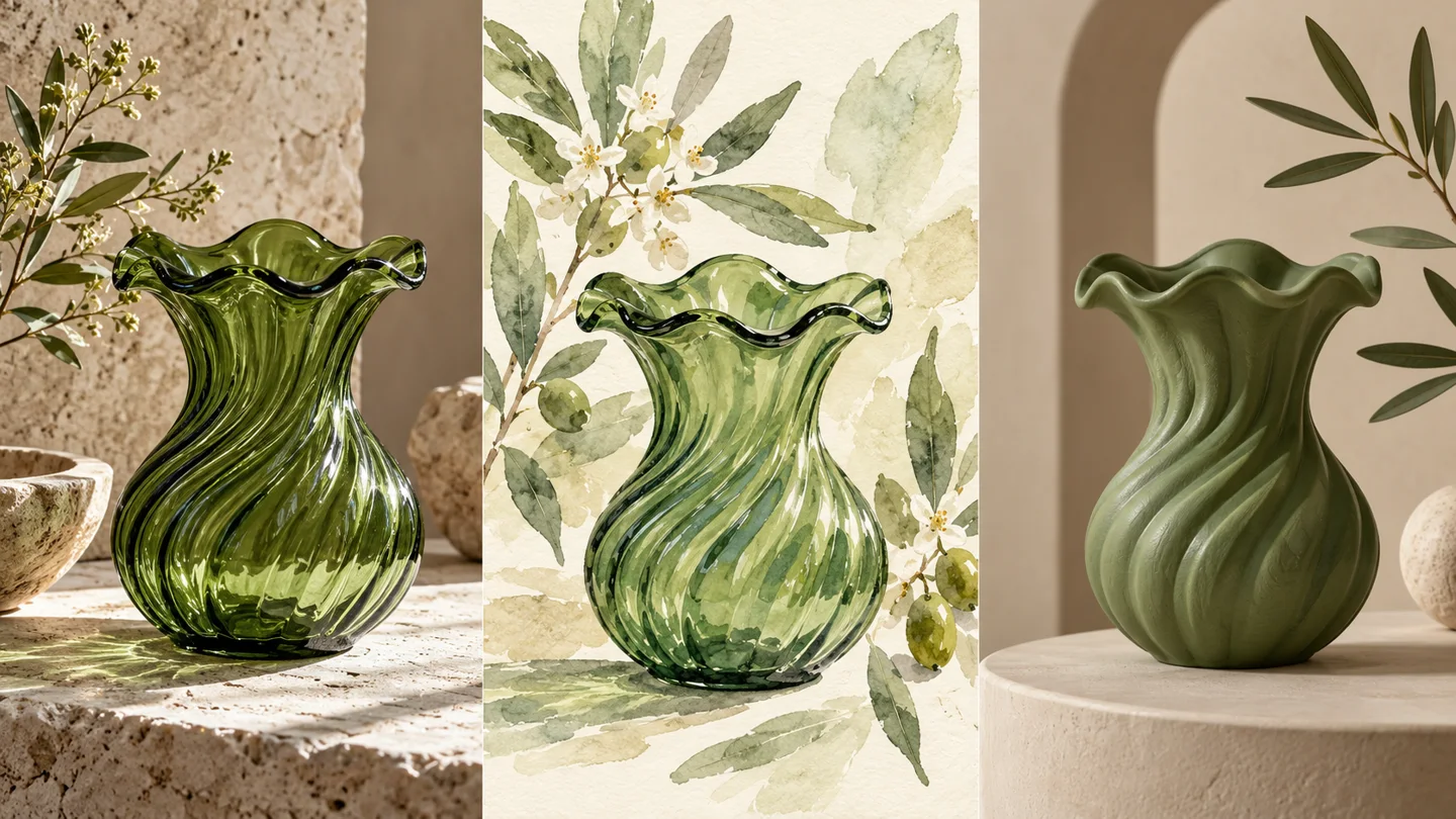 Three green vase concepts: product photography, watercolor and a clay render