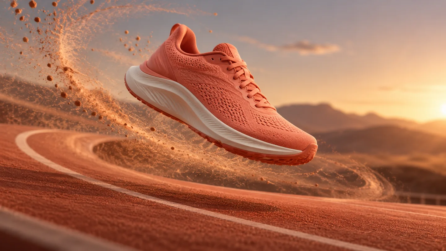 A coral running shoe with dust trails, an illustrative image-to-video product scene