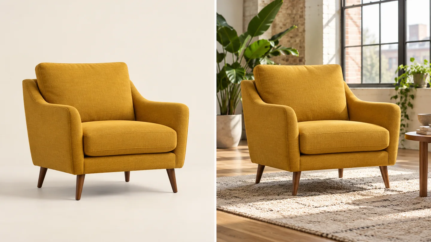 The same mustard armchair in a plain studio and a sunlit loft, illustrating reference-guided editing