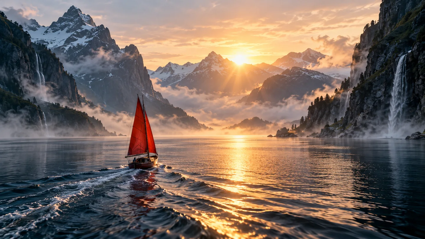 A red sailboat crossing a misty fjord at sunrise, an illustrative text-to-video scene