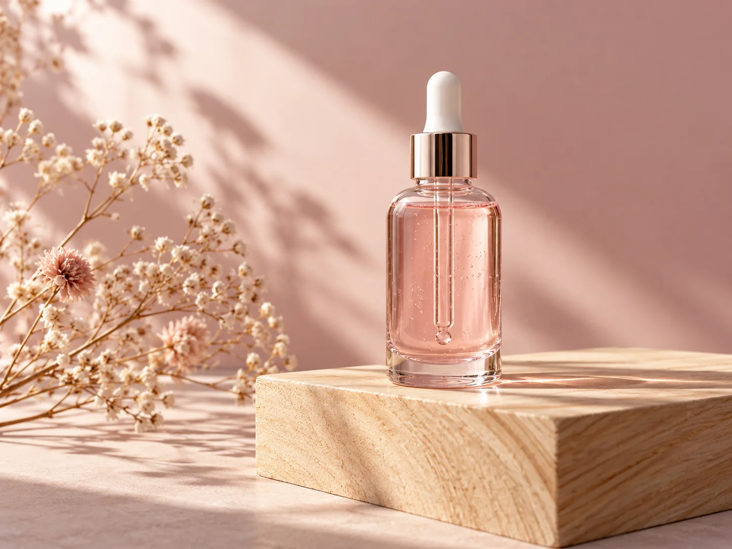 Transparent pink facial oil bottle on a wood block with dried flowers against a soft pink studio background
