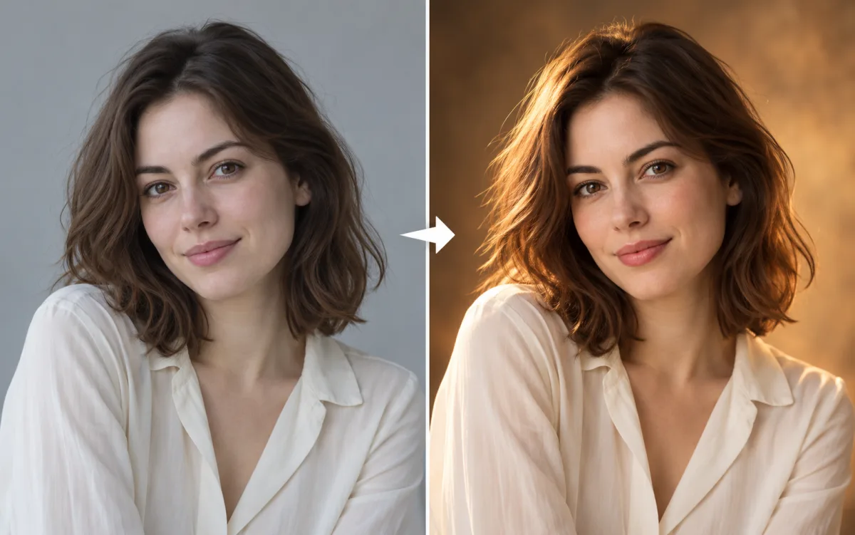 Portrait reference beside a warm editorial lighting and background edit