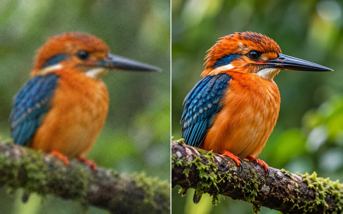 A soft kingfisher photograph beside a detailed enhancement concept