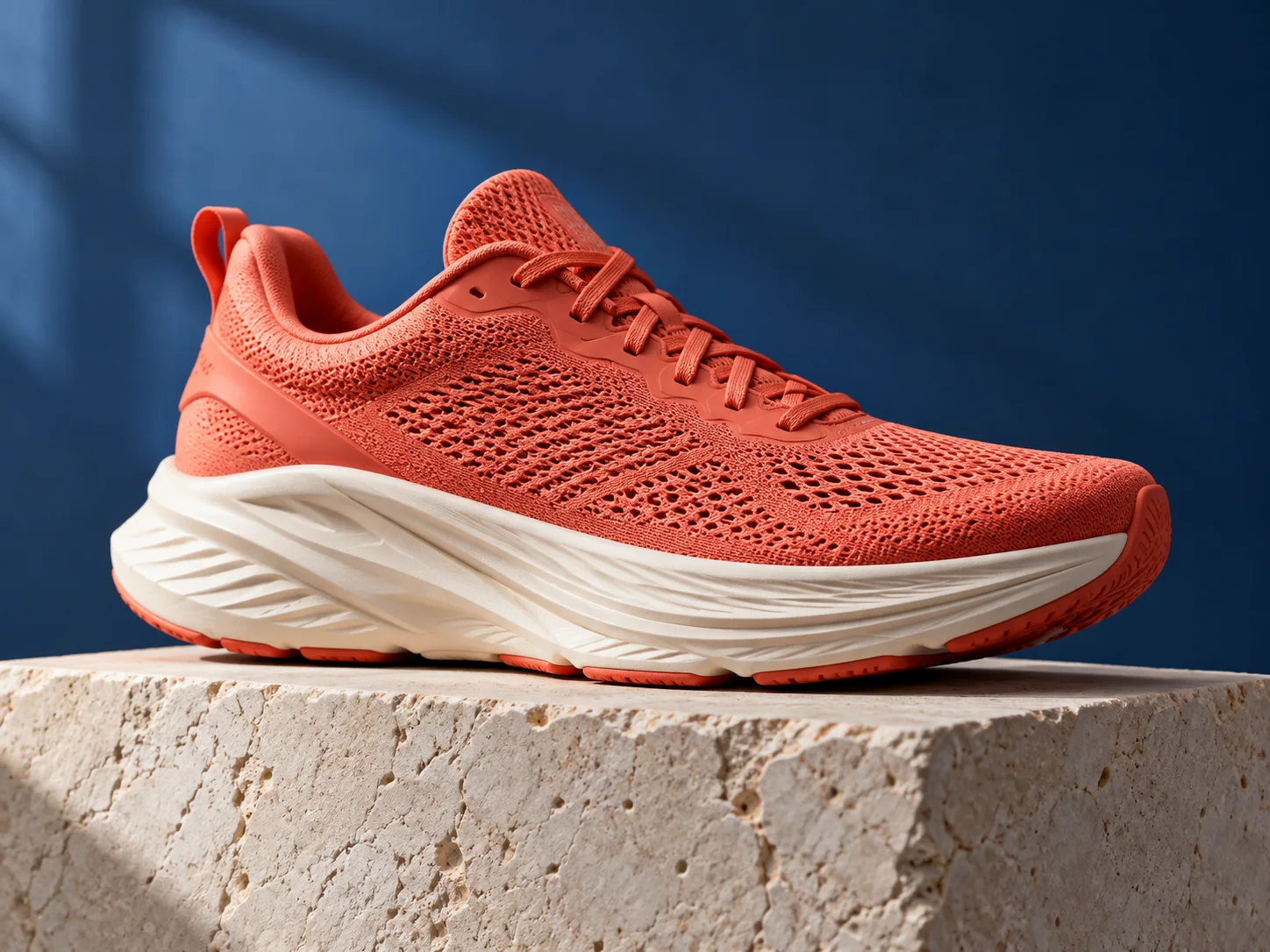 Coral red running shoe on a pale stone plinth against a blue studio backdrop