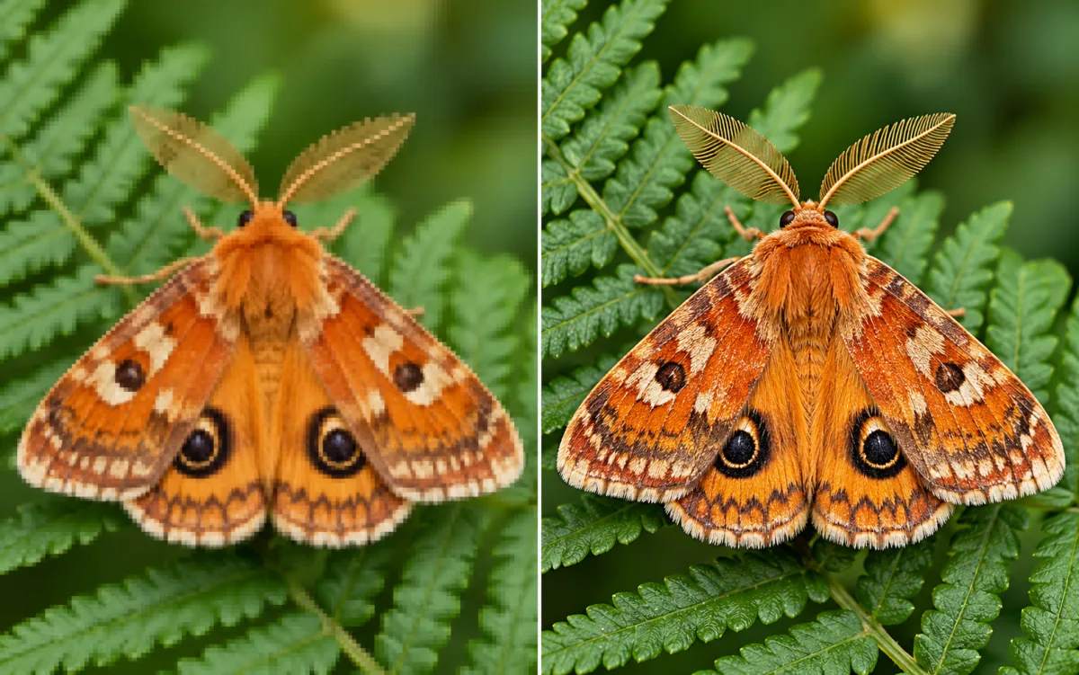 Low-resolution orange moth reference beside a detailed macro redraw