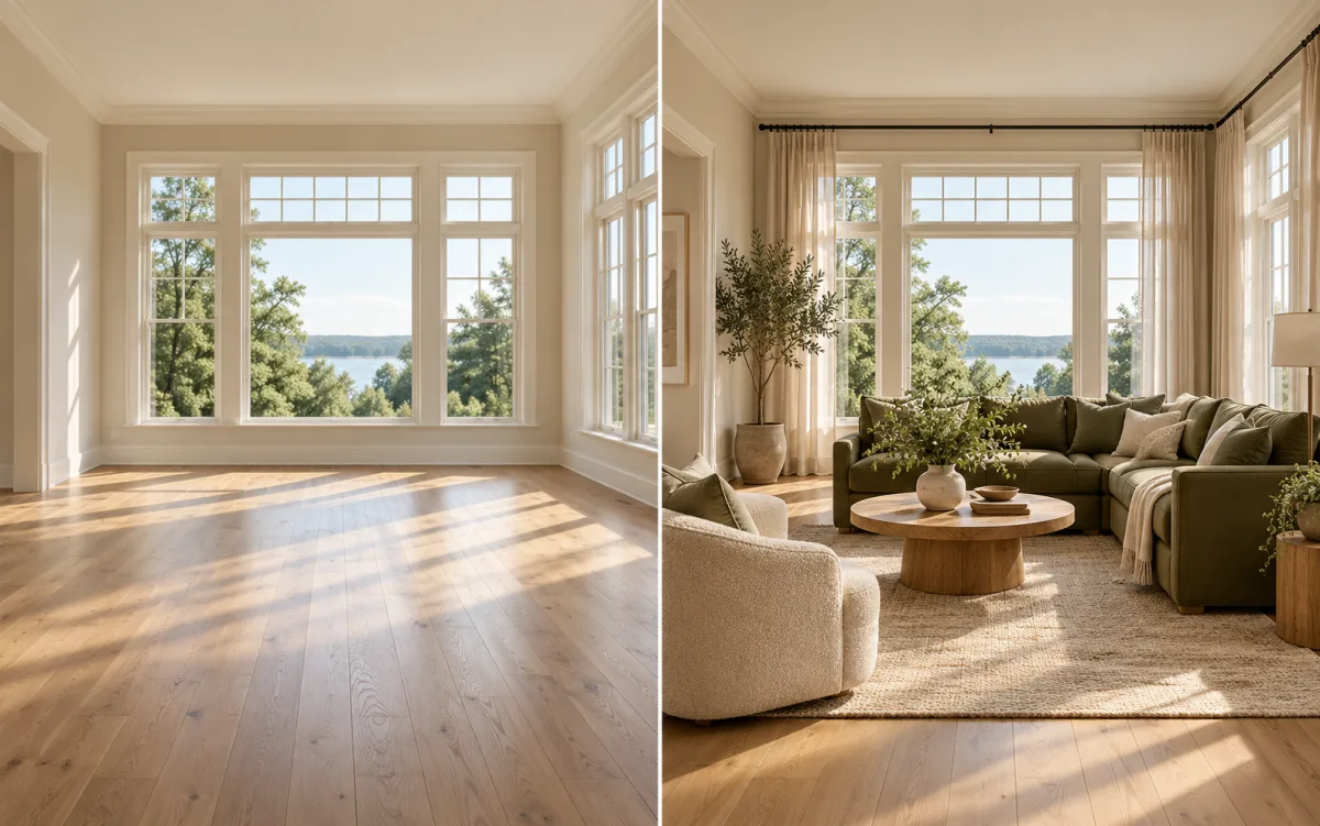 An empty living room beside a furnished concept with an olive sofa and oak table
