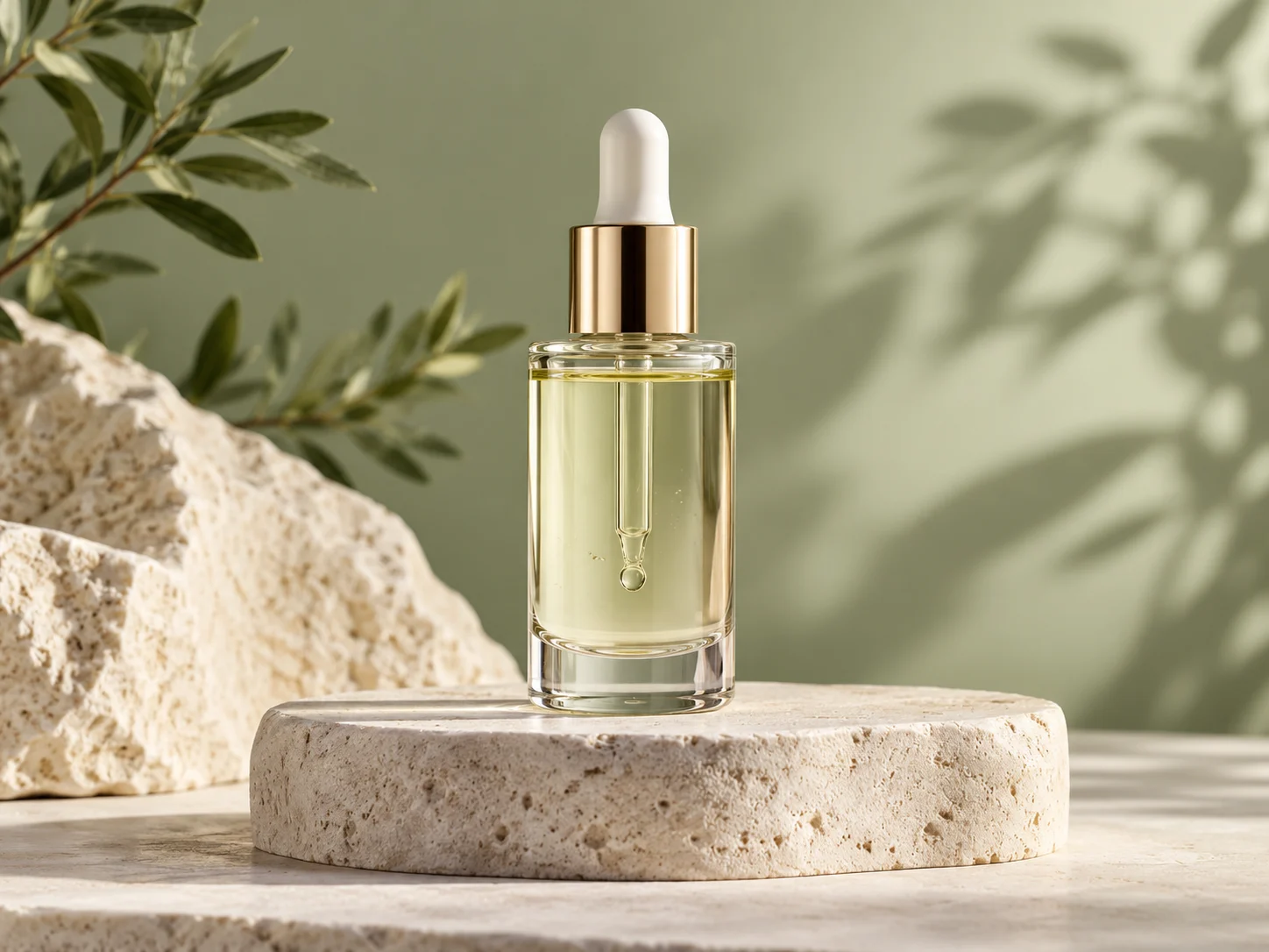 Glass skincare serum bottle styled on a stone plinth in a softly lit studio