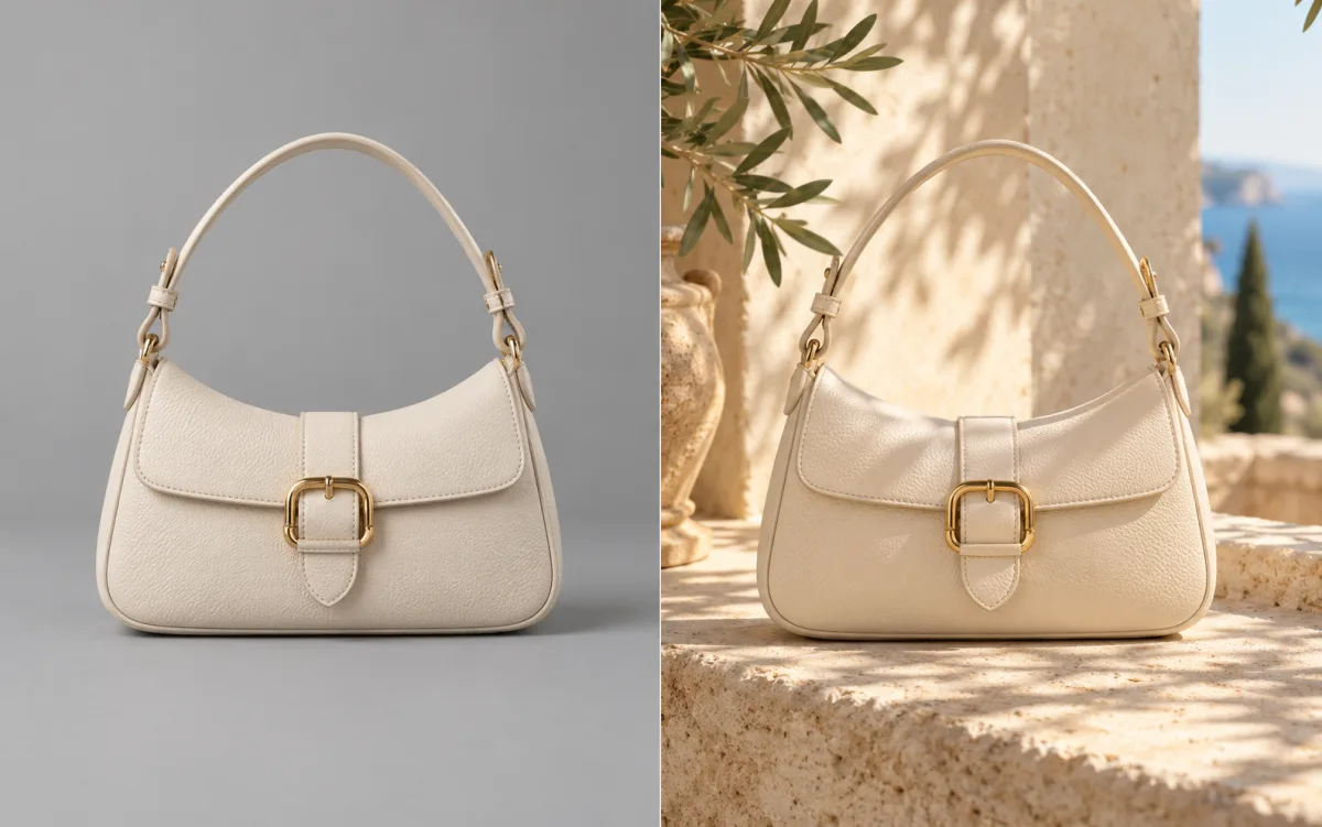 The same cream handbag on a gray tabletop and a sunlit limestone backdrop