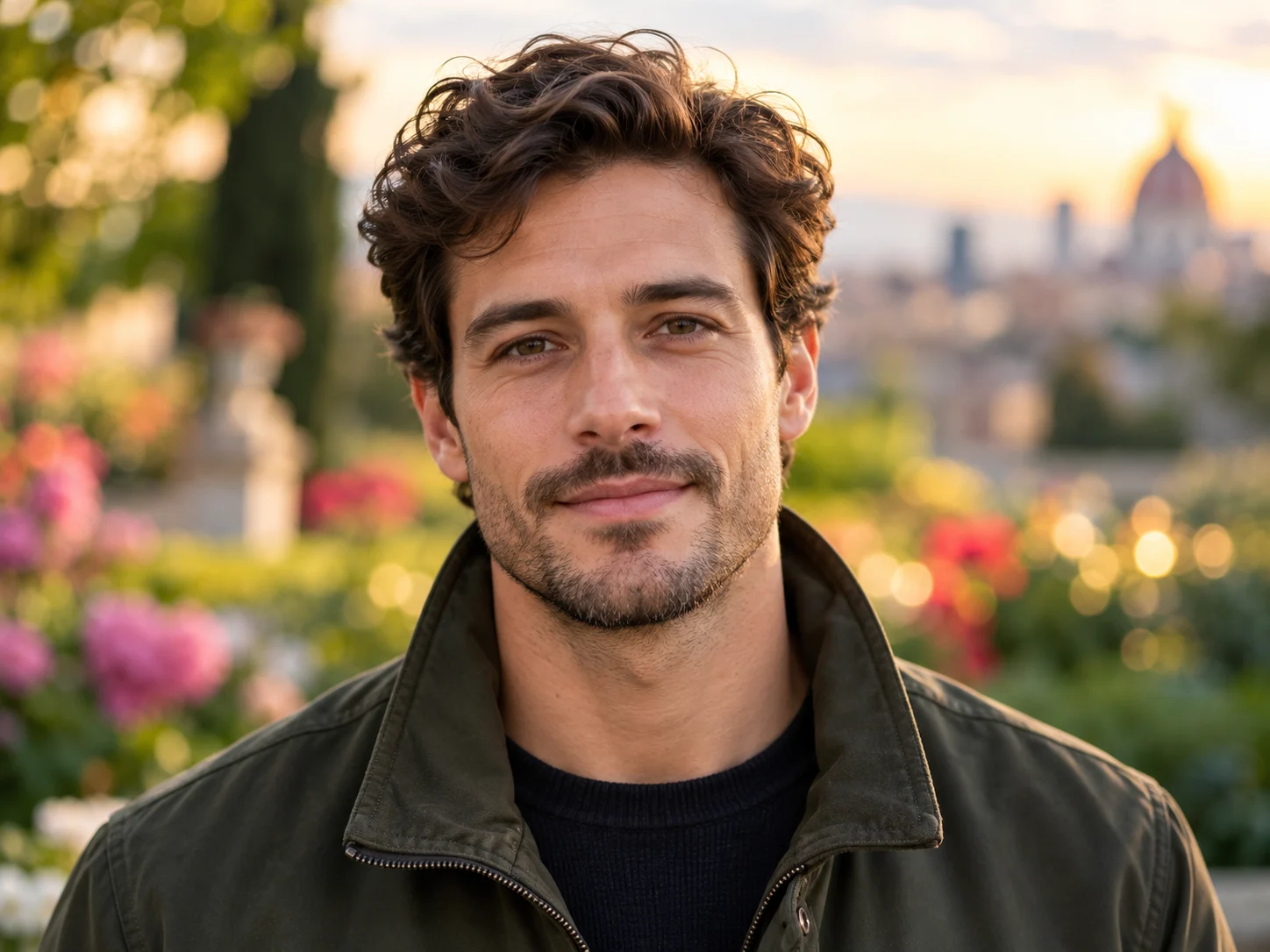 Portrait subject in crisp focus against a softly blurred garden background