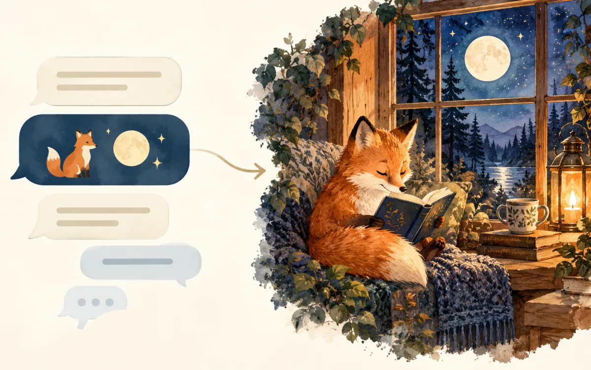Speech-bubble brief leading to a storybook fox illustration