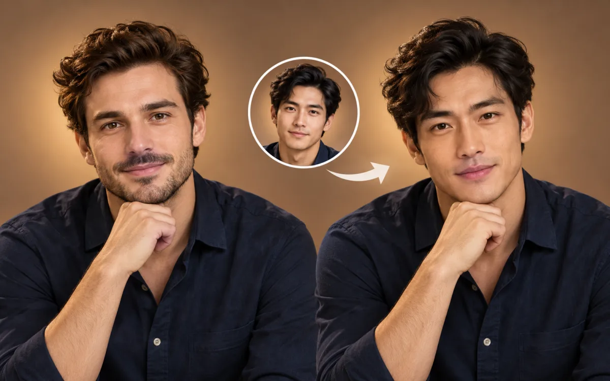 Fictional male portraits and a face reference illustrating a portrait face-swap concept