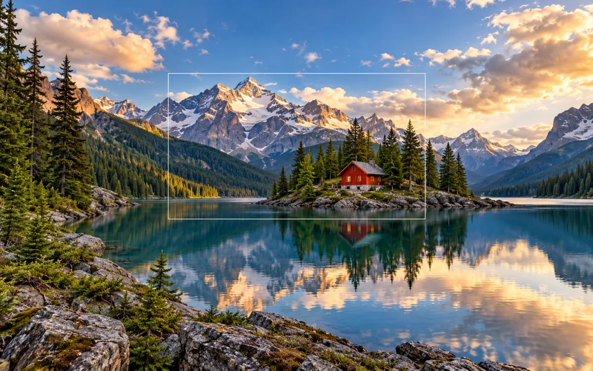 A lakeside cabin photograph expanded into a wider alpine landscape concept
