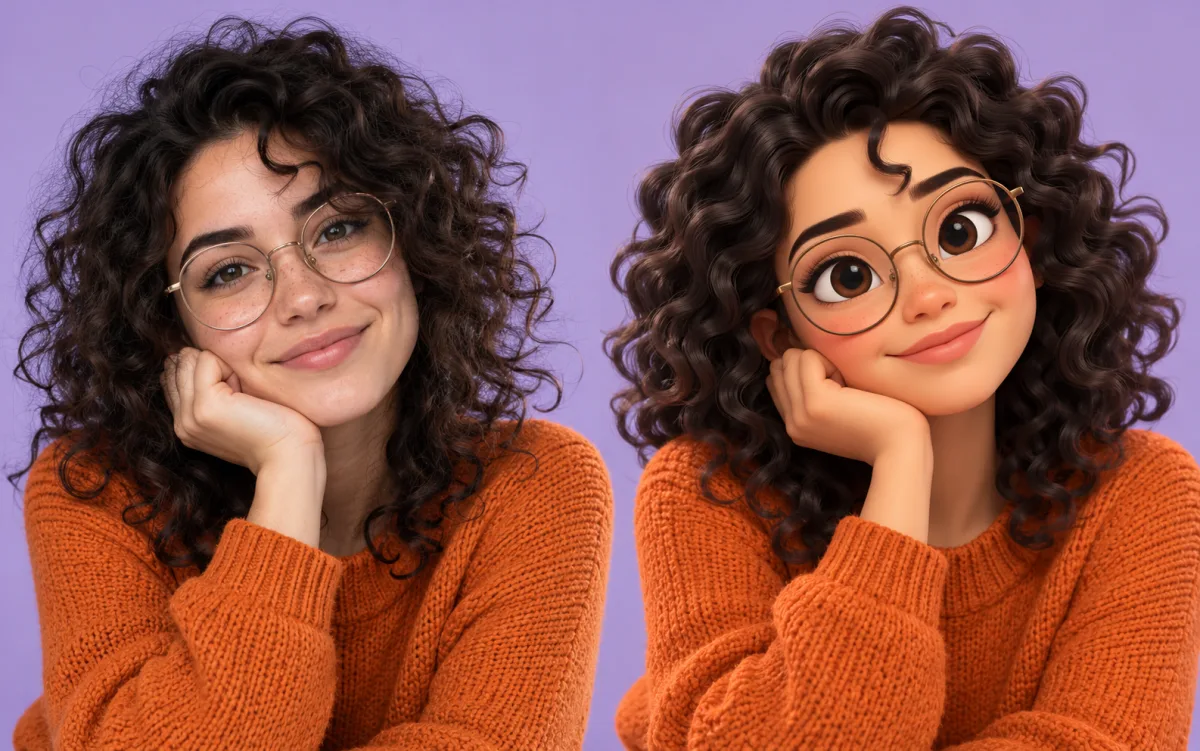 A curly-haired woman in an orange sweater beside a matching 3D cartoon portrait