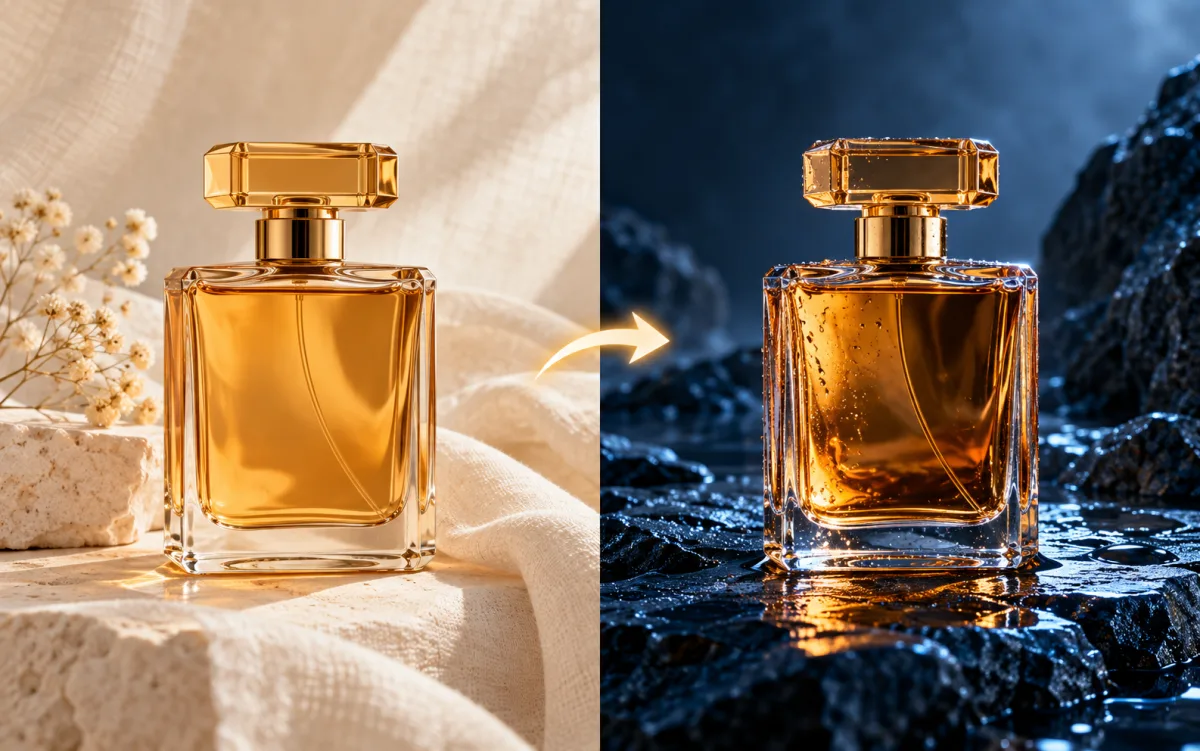 Amber perfume bottle reference on ivory linen beside a blue studio reinterpretation