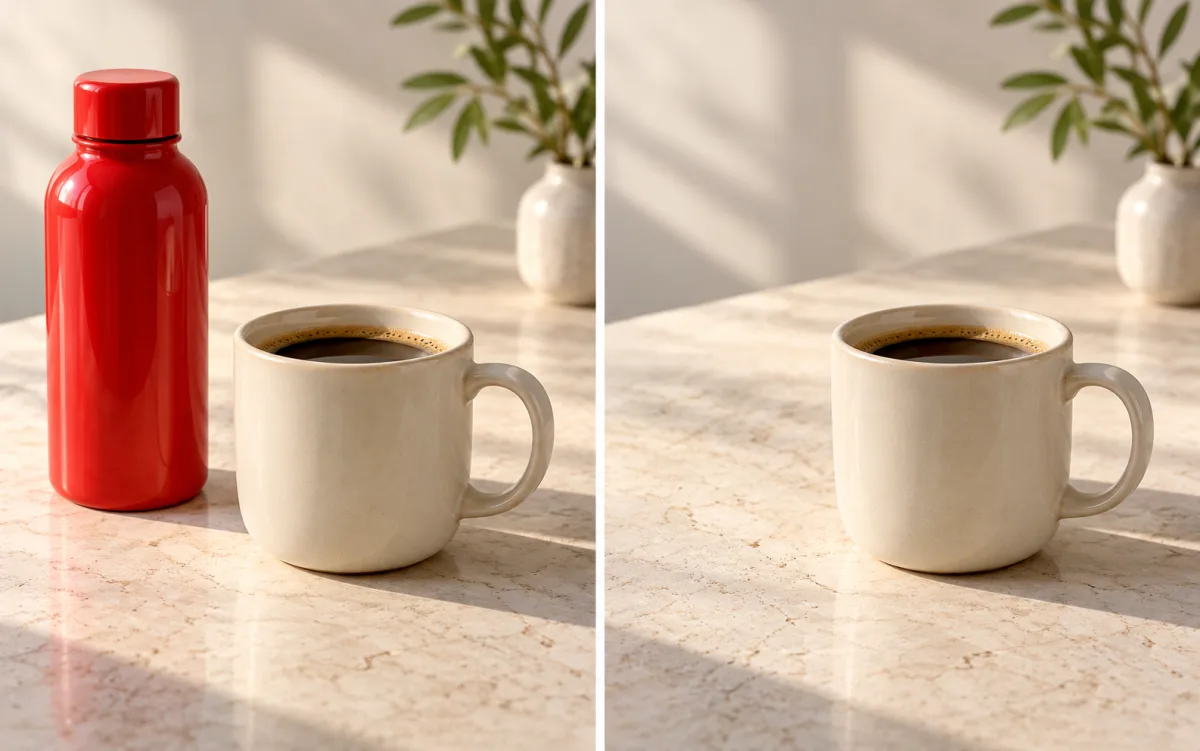 Coffee mug scene before and after removing a distracting red bottle