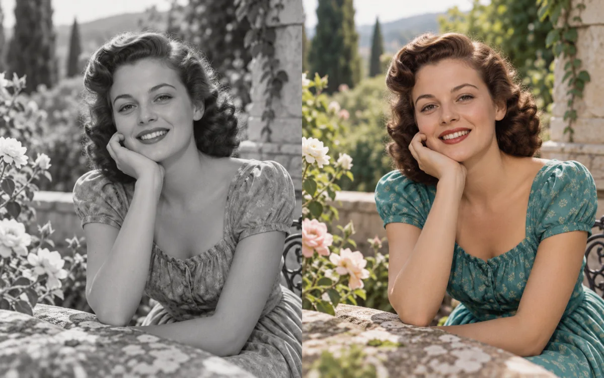 A grayscale garden portrait beside a naturally colorized interpretation