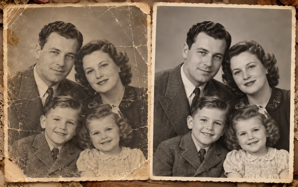 A scratched vintage family portrait beside a cleaned grayscale restoration concept