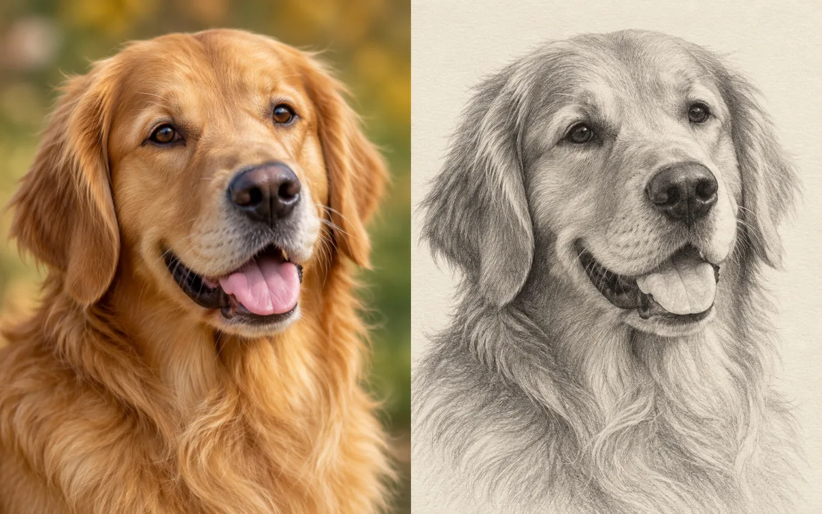A golden retriever photograph beside a graphite sketch on ivory paper