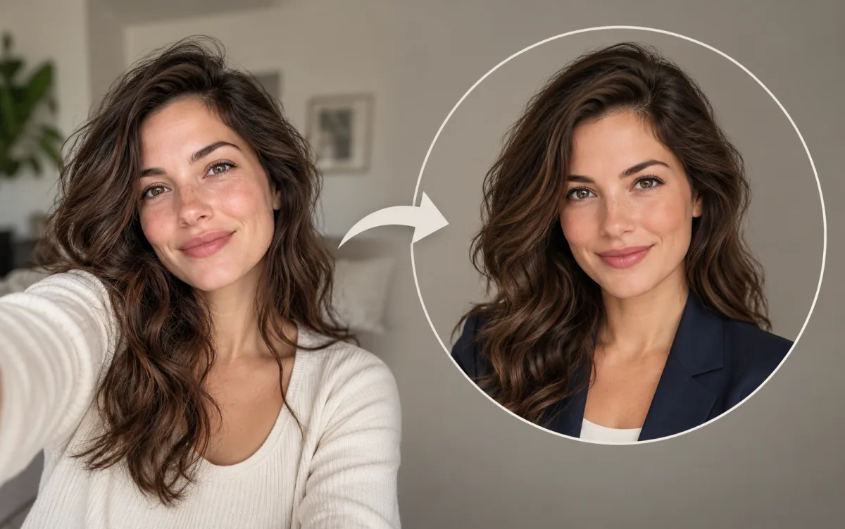 Casual portrait beside a professional navy-blazer profile headshot concept