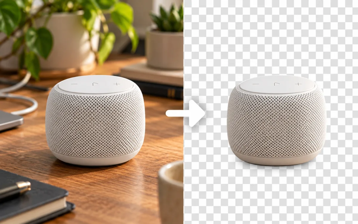 White speaker on a desk beside an isolated background-removal concept