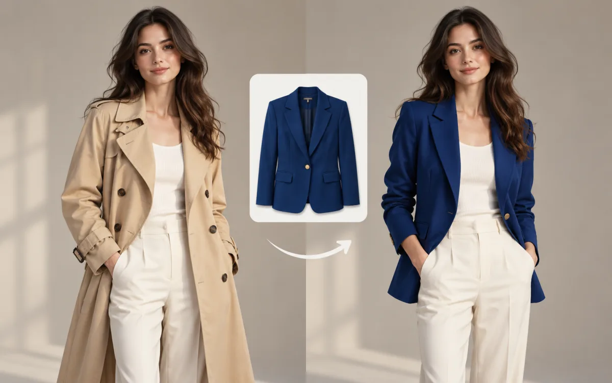 Same woman in a beige coat and a blue blazer with a garment reference card