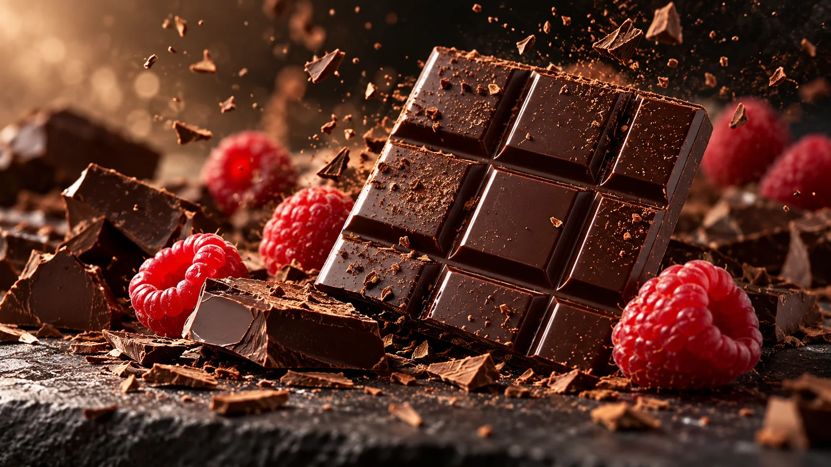 Chocolate and berries campaign concept on a dark studio set