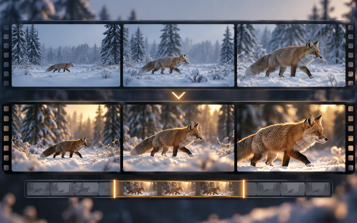 Fox footage shown in matched filmstrips before and after color and framing edits