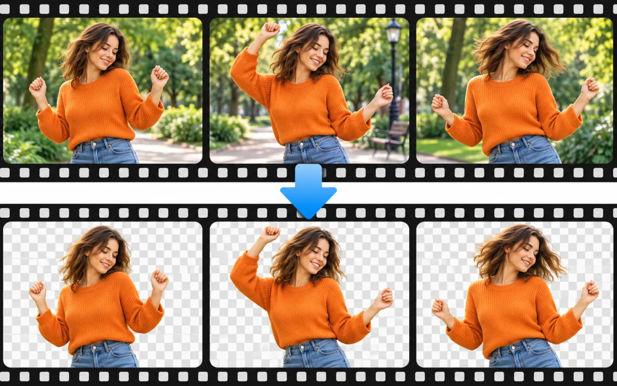 Dancer filmstrip in a park beside an isolated video background-removal concept