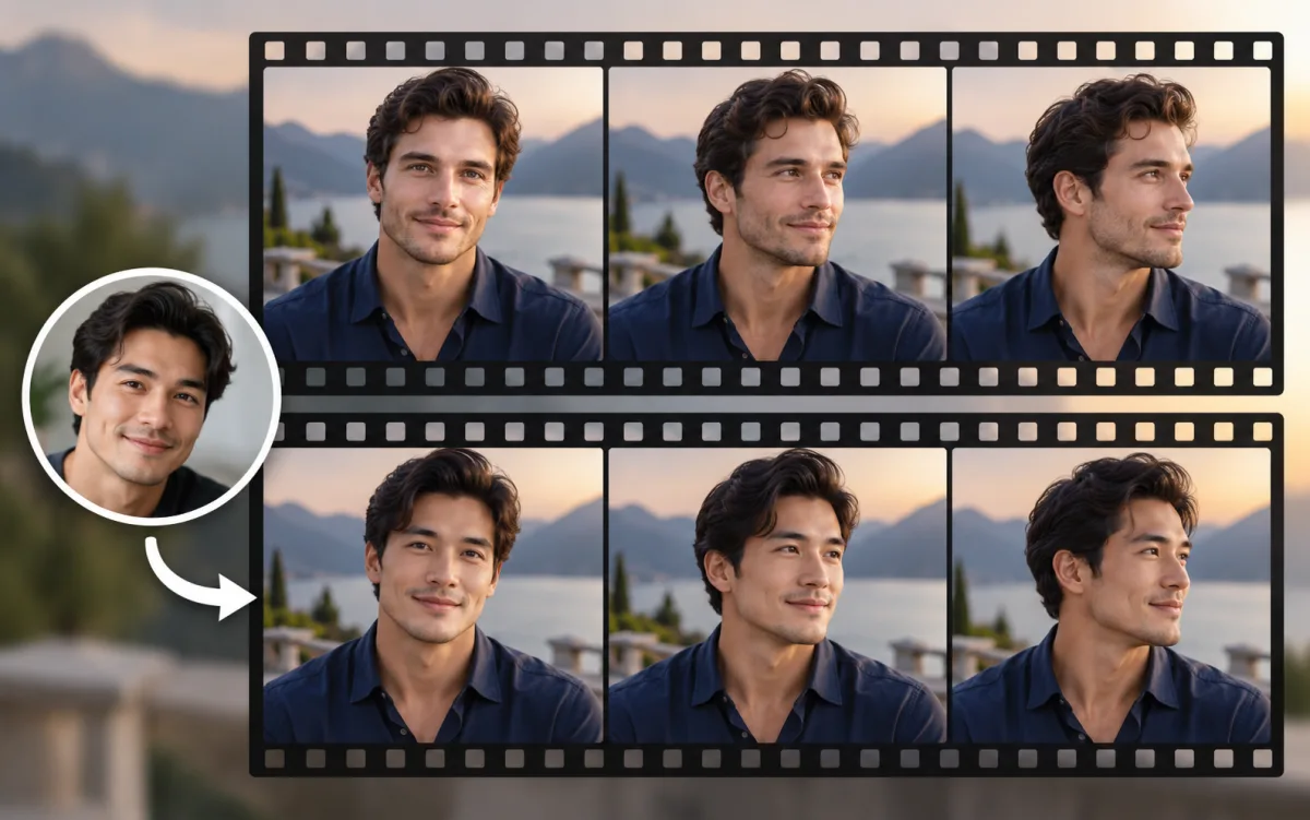Matched portrait filmstrips illustrating a reference face replacing the subject across frames