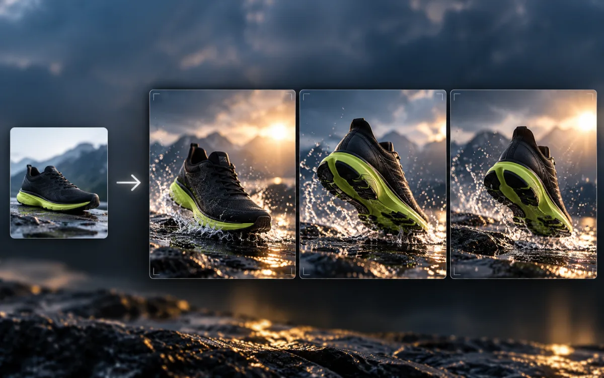 Running-shoe reference photo leading to a three-frame rotating product video concept