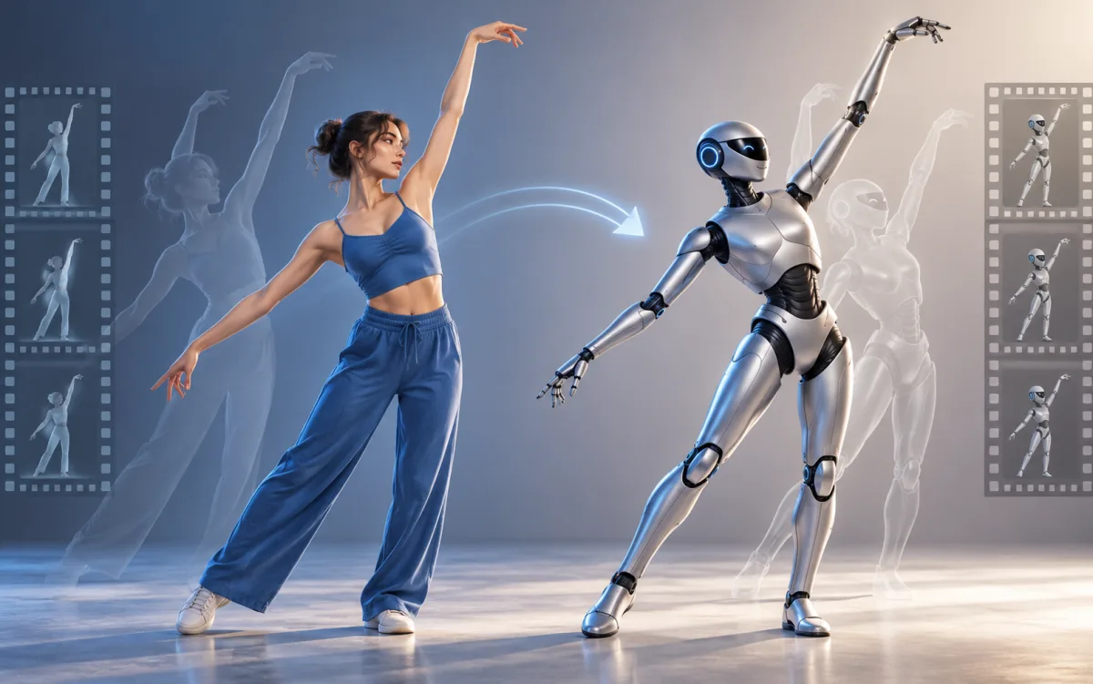 Human dancer and robot matching an arm movement in a motion-transfer concept