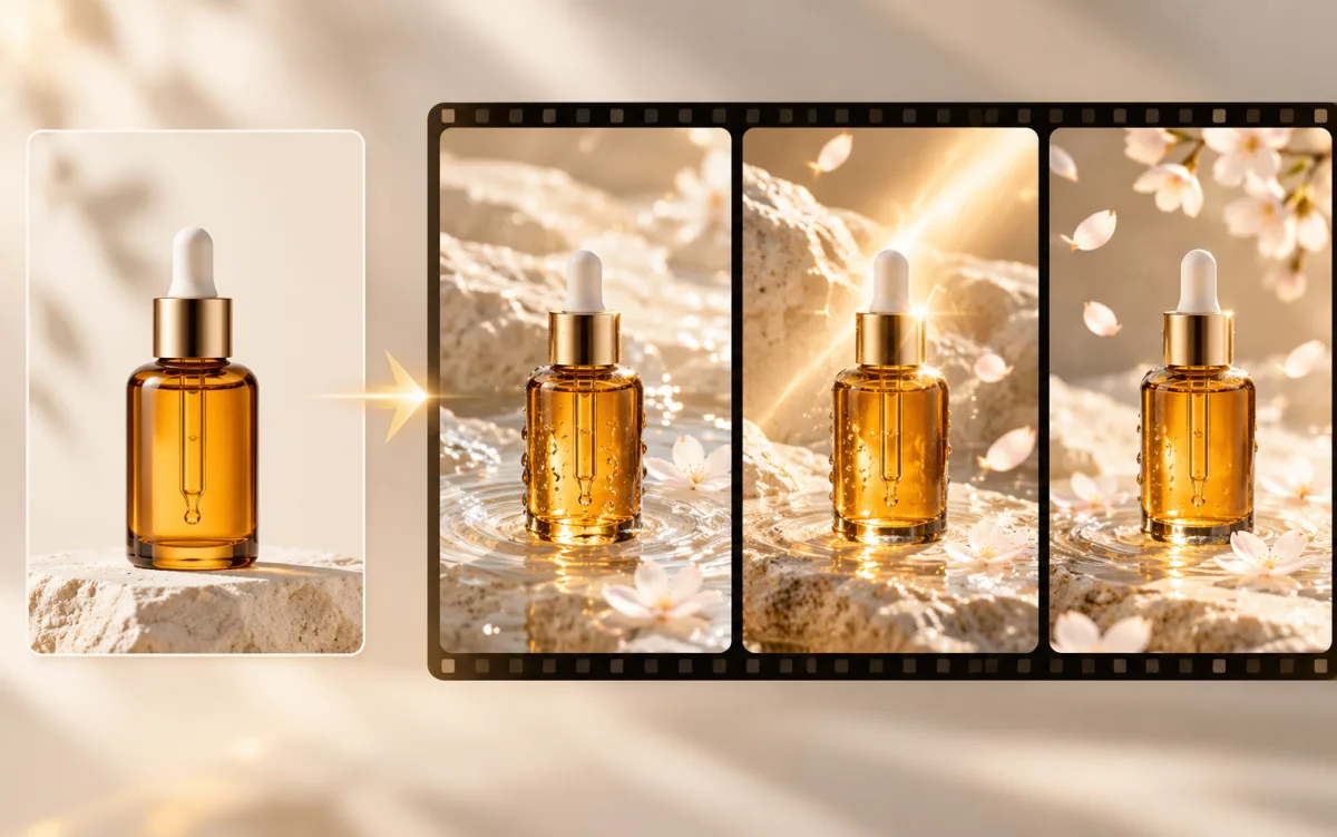 Serum product photo leading to three animated-ad concept frames with water and light