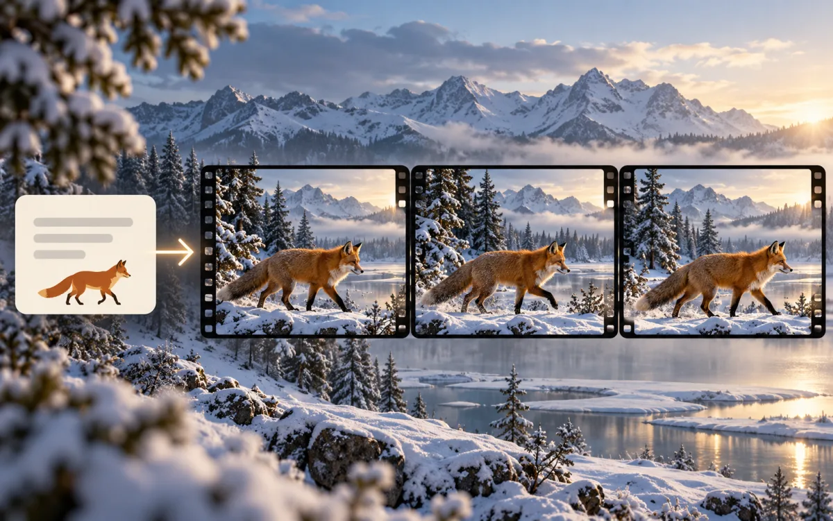Prompt brief leading to three sequential frames of a fox walking through snow