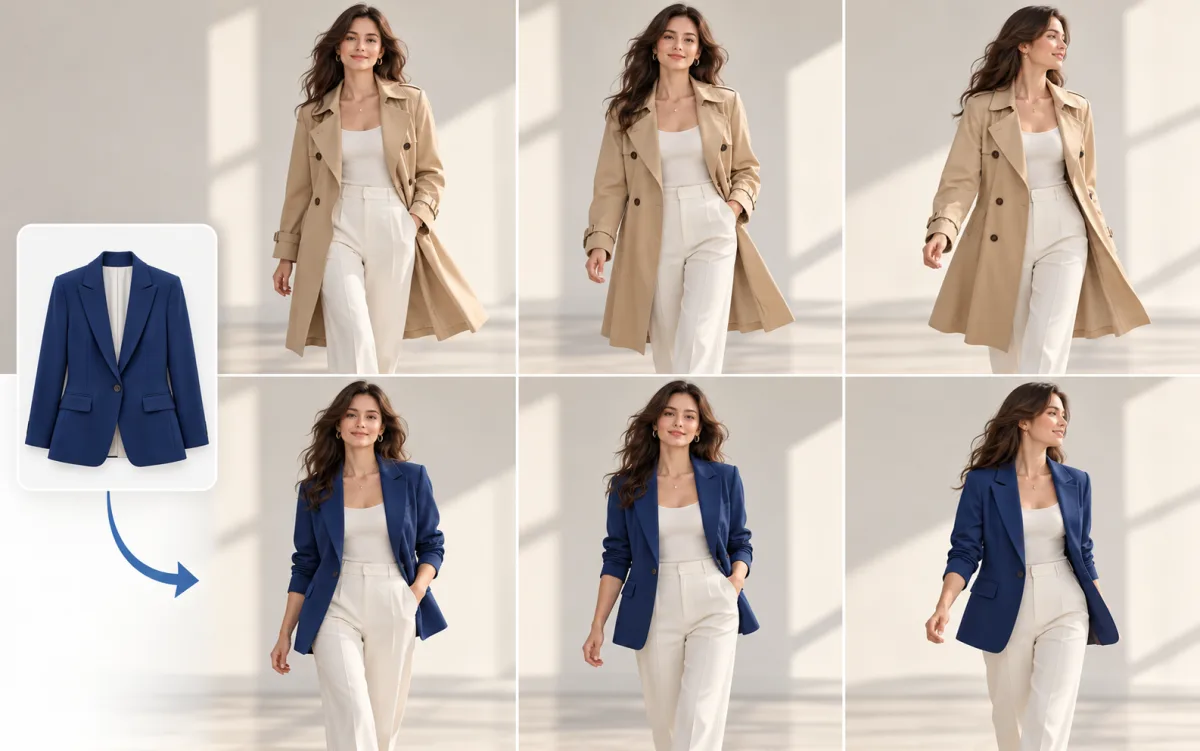 Matched walking-model frames showing a virtual change from beige coat to blue blazer