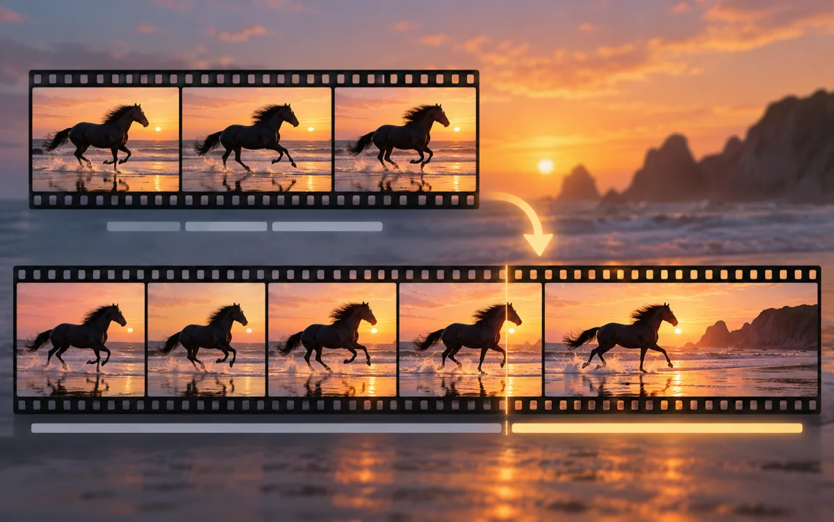 Short horse-running filmstrip expanded into a longer continuous beach sequence