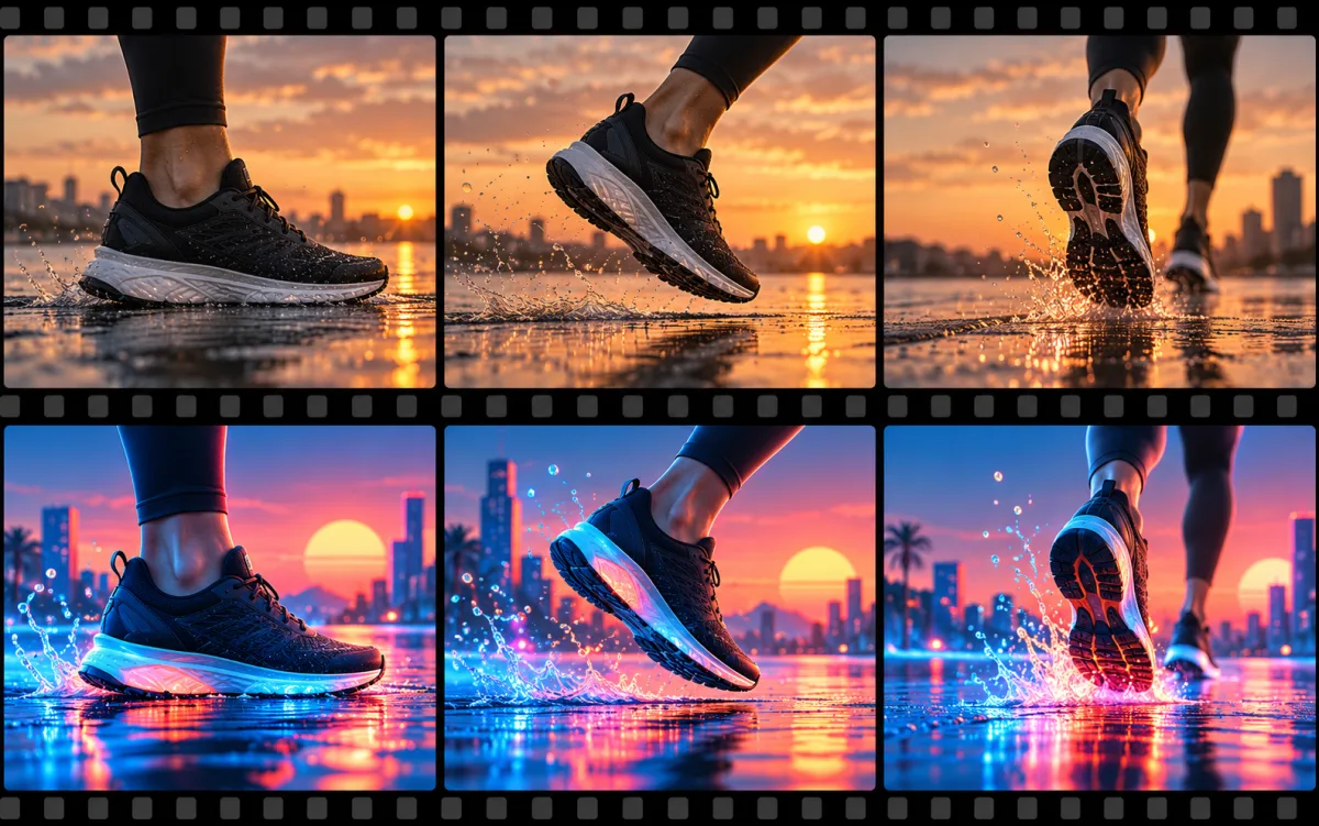Matched running-shoe film frames restyled from photography into neon 3D animation