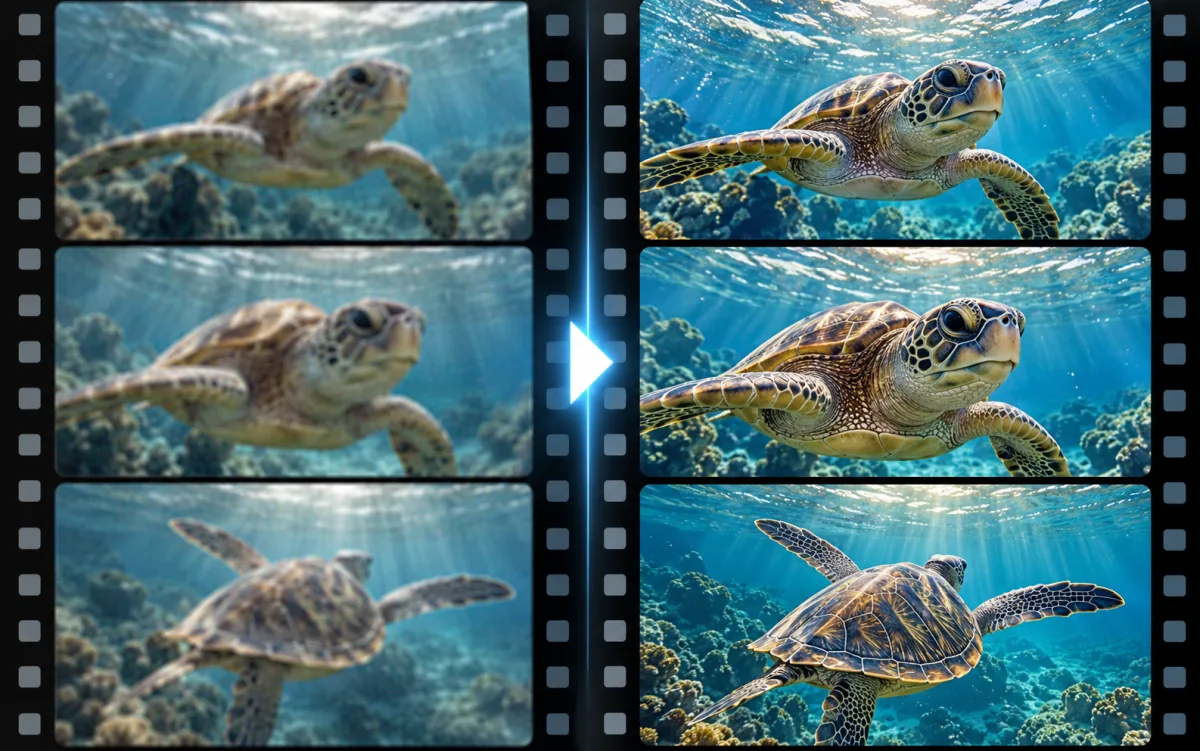 Soft sea-turtle video frames beside a sharper high-resolution redraw concept